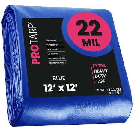 Protarp Heavy Duty Tarp, 12 ft x 12 ft, 22 Mil, Blue, Polyethylene, Waterproof, Rip and Tear Proof PT-205-12X12
